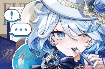 1girl ahoge blue_bow blue_eyes blue_flower blue_gemstone blue_hair blue_ribbon bow commentary flower fork furina_(genshin_impact) gem genshin_impact hair_between_eyes hat highres looking_at_viewer multicolored_hair one_eye_closed ribbon sasa234 solo speech_bubble star_(symbol) streaked_hair symbol-only_commentary symbol-shaped_pupils