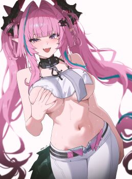 1girl :d absurdres areola_slip arknights arknights:_endfield bare_shoulders black_horns blush breasts commentary cowboy_shot fingernails grabbing_own_breast hair_intakes hair_ornament highres horns long_hair looking_at_viewer multicolored_hair navel nvl open_mouth pants pink_hair pointy_ears ringed_eyes sidelocks simple_background smile solo stomach streaked_hair sweat tail teasing thick_eyebrows twitter_username very_long_hair white_background white_pants yvonne_(arknights)