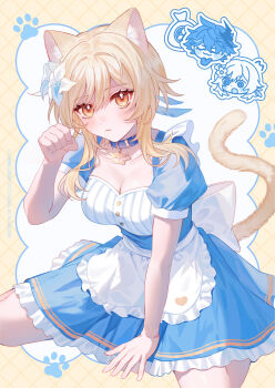 1girl absurdres animal_ear_fluff animal_ears apron blonde_hair blue_collar blue_dress blue_feathers breasts cat_ears cat_girl cat_tail chibi chibi_inset cleavage closed_mouth collar commentary_request dress feather_hair_ornament feathers flower genshin_impact hair_flower hair_ornament highres kemonomimi_mode looking_at_viewer lumine_(genshin_impact) medium_breasts narujintaruho paw_pose paw_print puffy_short_sleeves puffy_sleeves short_hair short_sleeves sidelocks tail tartaglia_(genshin_impact) waist_apron white_background white_flower yellow_eyes