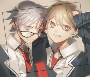 2boys black_hair blazer blonde_hair blue_hair brown_eyes brown_hair chaos;child collared_shirt glasses hekiho_academy_school_uniform itou_shinji_(chaos;child) jacket long_hair male_focus miyashiro_takuru multiple_boys nanahosi15 necktie non-web_source open_mouth red_necktie school_uniform science_adventure shirt short_hair sleeves_past_wrists smile upper_body white_shirt