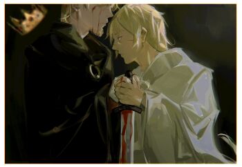 2boys beard black_cape blonde_hair blood blood_on_face bloody_tears bloody_weapon brown_eyes canute canutie cape closed_mouth crown facial_hair facial_scar framed height_difference highres holding holding_sword holding_weapon king male_focus multiple_boys multiple_scars ornament profile scar scar_on_cheek scar_on_face scar_on_nose sword thorfinn vinland_saga weapon white_cape