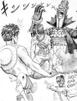 10s 2010 5boys ^^^ artist_self-insert bandages brothers death garth2the2ndpower gecko_moria greyscale hat highres jewelry monkey_d._luffy monochrome multiple_boys necklace one_piece portgas_d._ace siblings signature spoilers stitches straw_hat tattoo zombie