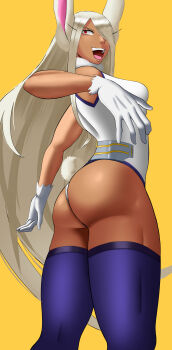 1girl animal_ears ass bare_shoulders biceps breasts dark-skinned_female dark_skin fur_trim gloves heattech_leotard long_hair looking_back mirko open_mouth poketune rabbit_ears rabbit_girl rabbit_tail red_eyes sideboob simple_background smile solo tail teeth thighhighs thighs turtleneck twisted_torso upper_teeth_only white_gloves white_hair yellow_background
