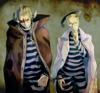 2boys angry arms_at_sides blonde_hair border brown_background brown_cloak captured clenched_hand clenched_teeth cloak coat coat_on_shoulders colored_bangs colored_tips colress_(pokemon) cowboy_shot cuffs facing_viewer furrowed_brow ghetsis_(pokemon) glasses hair_slicked_back hand_on_own_chin handcuffs high_collar highres janis_(hainegom) lab_coat long_sleeves looking_at_viewer male_focus multicolored_hair multiple_boys nintendo open_cloak open_clothes open_coat ornate_border pants pokemon pokemon_bw2 prison_clothes red_eyes scouter shared_handcuffs shirt side-by-side smile striped_clothes striped_pants striped_shirt teeth vignetting white_coat yellow_background yellow_eyes