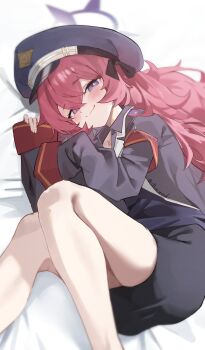 1girl absurdres armband black_hat blazer blue_archive clothing_cutout commentary grey_eyes halo hat highres iroha_(blue_archive) jacket legs long_hair looking_at_viewer lying red_hair shiroyo_(shiromeahi) skirt sleeves_past_fingers sleeves_past_wrists smile solo thighhighs twitter_username