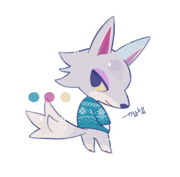 Rule 34 | 1boy, animal crossing, animal crossing: new horizons, animal ears, animal hands, auko, chibi, chibi only, christmas sweater, color guide, eyeshadow, fang (animal crossing), grey fur, looking back, makeup, nintendo, purple eyeshadow, signature, smile, wolf, wolf boy