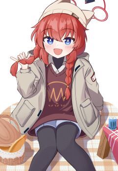 1girl :d black_pantyhose blue_archive blue_eyes blue_shorts blush braid bread bright_pupils can chinese_commentary coat collared_shirt commentary energy_drink feet_out_of_frame fine_fabric_emphasis food grey_coat hair_between_eyes halo hand_up happy highres holding_own_hair long_hair long_sleeves low_twin_braids maki_(blue_archive) maki_(camp)_(blue_archive) monster_energy official_alternate_costume official_alternate_hairstyle open_clothes open_coat open_mouth pantyhose picnic picnic_basket picnic_blanket red_hair red_halo red_sweater shirt shorts sidelocks simple_background sitting smile solo sweater twin_braids white_background white_pupils white_shirt zombt