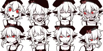 1girl :o :p akableak averting_eyes beret black_choker black_dress blush choker closed_mouth collarbone d: dress embarrassed fang full-face_blush hat looking_at_viewer multiple_expressions nose_blush open_mouth pointy_ears portrait pout red_hair short_hair_with_long_locks smile smug sprite_sheet sweatdrop tongue tongue_out transparent_background tri_fold_tale white_hair