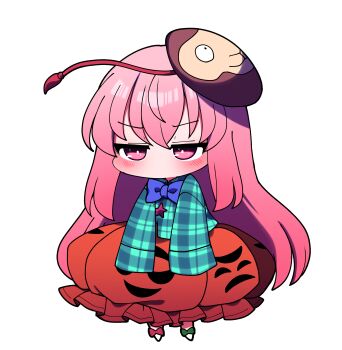 1girl blue_bow blue_bowtie blush bow bowtie bright_pupils chibi chibi_only commentary_request footwear_bow full_body green_bow green_shirt hata_no_kokoro highres jitome long_hair long_sleeves mask mask_on_head no_mouth orange_skirt pink_eyes pink_hair plaid_clothes plaid_shirt red_bow shirt shoes simple_background skirt sleeves_past_fingers sleeves_past_wrists solo standing touhou v-shaped_eyebrows white_pupils white_shoes you_(noanoamoemoe)