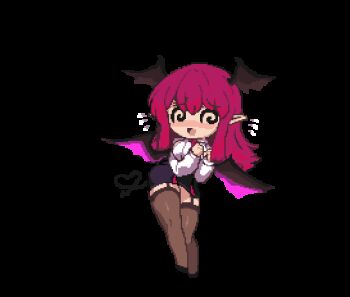 1girl @_@ animated animated_gif bat_wings black_wings breasts demon_tail demon_wings dizzy flying_sweatdrops garter_straps head_wings heart heart_tail high_heels koakuma long_hair looping_animation low_wings lowres namako_daibakuhatsu necktie open_mouth pink_wings pixel_art pointy_ears purple_wings red_hair red_necktie simple_background solo spiral-only_eyes tail thick_thighs thighhighs thighs touhou transparent_background wing_flapping wings
