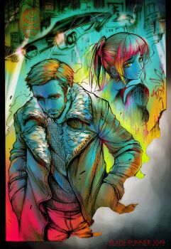 1boy 1girl ana_de_armas animification blade_runner_(series) blade_runner_2049 city coat copyright_name cyberpunk flying_car hologram joi k_(blade_runner_2049) matutoya replicant ryan_gosling science_fiction searchlight spinner spinner_(blade_runner)