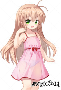 1girl ahoge arm_up commentary_request commission dress green_eyes hajimete_no_orusuban highres loli long_hair mizuki_saori mogura2009 open_mouth panties pink_dress pink_hair see-through_clothes see-through_dress skeb_commission smile solo sundress thighs underwear white_panties