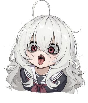 1girl absurdres ahoge bags_under_eyes black_serafuku eha7y hair_between_eyes highres long_hair messy_hair mojyo original pale_skin red_hair school_uniform serafuku simple_background tongue tongue_out wasabi-chan_(eha7y) white_background white_hair