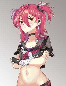 1girl bandaged_arm bandages bandaid black_choker black_gloves breasts choker commentary_request crossed_arms fingerless_gloves gloves grey_shirt highres hololive hololive_china midriff multicolored_hair navel neckerchief ratten-fanger red_hair red_neckerchief shirt solo stomach streaked_hair two-tone_hair two-tone_neckerchief white_hair white_neckerchief yellow_eyes yogiri_(hololive)