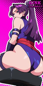 1girl absurdres artist_name ass breasts highres kinkconstruct large_breasts leotard long_hair marvel marvel_rivals official_alternate_costume ponytail psylocke psylocke_(vengeance) purple_eyes purple_hair purple_leotard red_sash sash sitting solo waist_sash