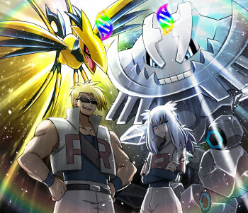 2boys androgynous attila_(pokemon) belt black-framed_eyewear black_shirt blonde_hair blue_eyes closed_mouth cokata commentary_request crossed_arms fangs gen_2_pokemon glowing gold_skin grey_hair hands_on_own_hips highres hun_(pokemon) jacket long_hair male_focus mega_evolution_symbol mega_pokemon mega_skarmory mega_steelix metal_skin multiple_boys muscular muscular_male nintendo nostrils open_clothes open_jacket open_mouth pants pokemon pokemon_(anime) pokemon_(classic_anime) pokemon_(creature) shirt short_hair skarmory skin_fangs sleeveless sleeveless_jacket smile steelix sunglasses team_rocket team_rocket_uniform teeth upper_teeth_only v-shaped_eyes white_jacket white_pants