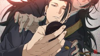 2boys age_difference black_hair black_jacket black_kimono brown_eyes buttons double-breasted dual_persona earrings gakuran getou_suguru getou_suguru_(kenjaku) hand_on_another's_shoulder holding jacket japanese_clothes jewelry jujutsu_kaisen kesa kimono light_frown loose_hair_strand multiple_boys parted_lips pointing school_uniform simple_background static stud_earrings teeth watermark x_xayaka