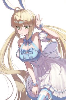 Rule 34 | 1girl, absurdres, ahoge, alternate breast size (larger), animal ears, argyle clothes, argyle thighhighs, artoria caster (fate), artoria caster (swimsuit berserker) (second ascension) (fate), artoria pendragon (fate), bare shoulders, blonde hair, blue dress, blue thighhighs, blush, breasts, cleavage, dress, fake animal ears, fate/grand order, fate (series), green eyes, hairband, hanaet, highres, large breasts, long hair, looking at viewer, puffy short sleeves, puffy sleeves, rabbit ears, short sleeves, skirt, solo, striped clothes, striped thighhighs, thighhighs, thighs, twintails, white skirt