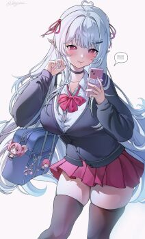 1girl ahoge bag black_cardigan black_choker black_thighhighs blue_bag breasts cardigan choker closed_mouth collared_shirt commission heart heart_ahoge highres holding holding_phone ibbychan indie_virtual_youtuber kazeki_(vtuber) long_hair phone pink_eyes pink_skirt pleated_skirt pointy_ears school_bag shadow shirt skirt smile solo spoken_letter thighhighs twitter_username virtual_youtuber white_hair white_shirt