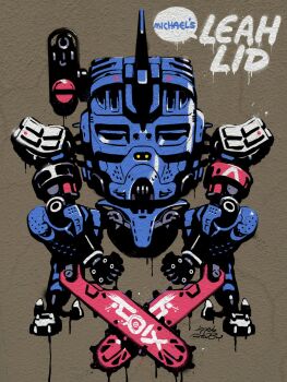 chainsaw character_name cradle_coffin full_body gyoubu_ippei high_contrast highres horns joints leah_lid leah_lid_(ver_michael) mecha mechanical_horns no_humans robot robot_joints signature standing synduality synduality_noir walker_(robot) weapon