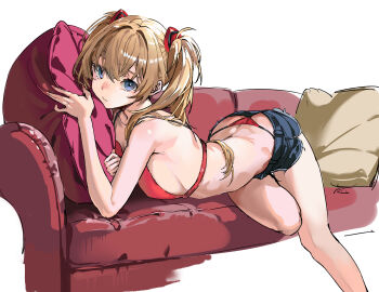 1girl ass bare_shoulders bikini bikini_under_clothes blue_eyes breast_press breasts chinese_commentary commentary_request couch curvy denim denim_shorts feet_out_of_frame hair_over_shoulder highres holding holding_pillow interface_headset_(evangelion) long_hair looking_at_viewer lying median_furrow medium_breasts micro_shorts neon_genesis_evangelion on_couch on_stomach orange_hair pillow red_bikini shiliu_xian_xian_xian shiny_skin shorts sideboob simple_background solo souryuu_asuka_langley swimsuit thong thong_bikini whale_tail_(clothing) white_background wide_hips
