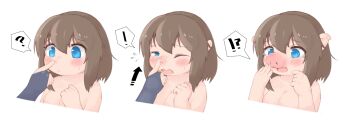 ! 1girl ? animal_ears blue_eyes blush breasts disembodied_hand furry grey_hair highres open_mouth original pig_ears plump scare_swallow sequential small_breasts spoken_exclamation_mark spoken_question_mark tears transformation