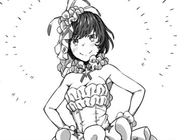 1girl bare_shoulders blush breasts cleavage closed_mouth commentary_request cropped detached_collar dion_fortune dress flower frilled_cuffs frilled_dress frills greyscale haimura_kiyotaka hair_flower hair_ornament halftone_dot_(medium) hands_on_own_hips looking_at_viewer medium_breasts monochrome novel_illustration official_art short_dress short_hair sleeveless sleeveless_dress smile solo toaru_majutsu_no_index toaru_majutsu_no_index:_new_testament upper_body veil white_background white_dress
