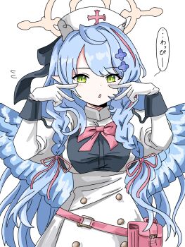 1girl :o blue_archive blue_hair blue_wings blush bow bowtie braid breasts buttons commentary cowboy_shot double-breasted double_v dress feathered_wings flying_sweatdrops gloves green_eyes halo hat highres large_breasts long_hair long_sleeves looking_at_viewer low_wings mine_(blue_archive) neck_ribbon nurse_cap open_mouth pink_bow pink_bowtie pink_ribbon pink_streaks ribbon solo speech_bubble swept_bangs tachikaze_miyako translated twin_braids v very_long_hair white_dress white_gloves wings yellow_halo