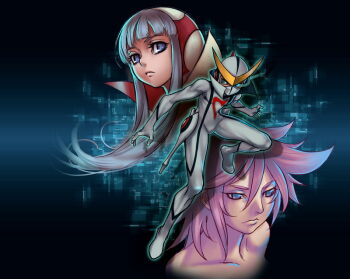 1boy 2girls blue_background blue_eyes blunt_bangs bodysuit casshern casshern_(series) casshern_sins closed_mouth collarbone commentary_request expressionless eye_trail full_body glowing glowing_eye grey_hair hair_between_eyes helmet light_trail long_bangs long_hair looking_at_viewer luna_(casshern_sins) lyuze mask mouth_mask multiple_girls ninja_mask pink_hair sethxzoe short_bangs sidelocks upper_body v-fin white_bodysuit