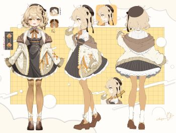 Rule 34 | 1girl, absurdres, beret, brown coat, brown dress, brown hair, brown hat, brown pantyhose, brown ribbon, brown shoes, chi no, coat, commentary request, curly hair, dress, from behind, from side, full body, hair ribbon, hat, highres, indie virtual youtuber, long sleeves, medium hair, messy hair, multiple views, neck ribbon, notino (vtuber), off shoulder, open clothes, open coat, open mouth, pantyhose, reference sheet, ribbon, shoes, solo, striped clothes, striped dress, virtual youtuber, yellow eyes