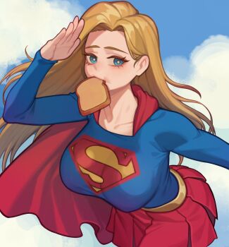 1girl bagjunba_(qkrgk198) blonde_hair blue_eyes bread breasts cape dc_comics food highres large_breasts long_hair long_sleeves looking_at_viewer red_cape skirt solo supergirl superhero_costume superman_(series)