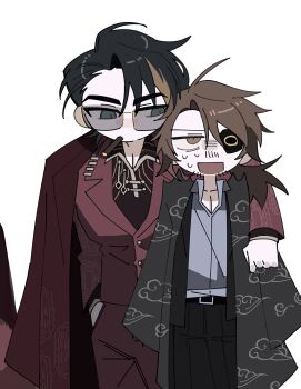 Rule 34 | 2boys, absurdres, arm on another's shoulder, averting eyes, beard stubble, black hair, black shirt, blonde streaks, brown eyes, brown hair, chibi, chibi only, cigar, cloud print, collared shirt, commentary request, cowboy shot, curtained hair, facial hair, feet out of frame, gold trim, green eyes, gregor (project moon), hand in pocket, highres, jacket, jacket on shoulders, kurokumo clan (identity) (project moon), limbus company, looking at another, meursault (project moon), multiple boys, official alternate costume, one eye covered, project moon, red jacket, red vest, shirt, short hair, standing, stubble, sunglasses, sweatdrop, thumb (identity) (project moon), vest, white shirt, yasuihiruya