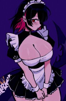 1girl :o apron black_dress black_hair blue_background blush body_writing breasts cleavage cleavage_cutout clothing_cutout commentary dress ear_piercing ellen_joe english_commentary english_text feet_out_of_frame fins fish_tail frilled_dress frills hair_between_eyes high_ponytail highres large_breasts maid_apron maid_headdress medium_hair megrocks multicolored_hair multiple_piercings own_hands_together parted_lips piercing pleated_dress ponytail puffy_short_sleeves puffy_sleeves red_eyes red_hair shark_girl shark_tail short_sleeves simple_background solo swept_bangs tail tail_ornament twitter_username white_trim white_wrist_cuffs wrist_cuffs zenless_zone_zero