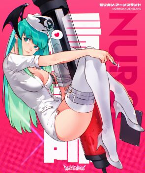 1girl aqua_eyes aqua_hair artist_name black_thighhighs breasts cesar_art456 darkstalkers green_eyes green_hair green_nails hat head_wings heart high_heels highres holding holding_syringe large_syringe long_hair morrigan_aensland nurse_cap oversized_object pink_background print_headwear puffy_short_sleeves puffy_sleeves shirt short_sleeves skull_print smile solo speech_bubble syringe thighhighs thighs white_footwear white_shirt wings