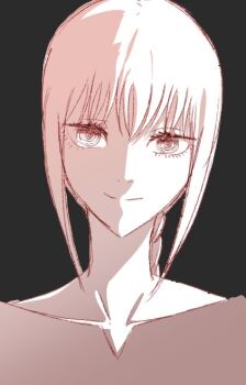 1girl black_background blunt_bangs braid braided_ponytail chainsaw_man closed_mouth commentary eyelashes fasto looking_at_viewer makima_(chainsaw_man) monochrome ringed_eyes sidelocks simple_background smile solo