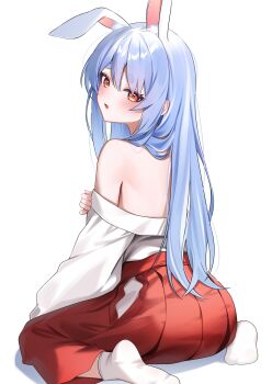 1girl absurdres animal_ears ass blue_hair commentary extra_ears feet from_behind full_body hakama hakama_skirt highres hikimayu hololive japanese_clothes kimono long_hair looking_at_viewer looking_back miko no_shoes off_shoulder open_mouth orange_eyes rabbit-shaped_pupils rabbit_ears rabbit_girl red_hakama short_eyebrows shuvi_(shuvi1125) simple_background skirt socks soles soles_of_feet_in_socks solo symbol-shaped_pupils thick_eyebrows usada_pekora very_long_hair virtual_youtuber white_background white_kimono white_socks