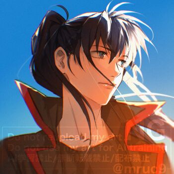 1boy artist_name black_hair black_jacket black_order_uniform black_shirt blue_eyes blue_sky collarbone collared_jacket d.gray-man facing_to_the_side floating_hair hair_between_eyes hair_over_face hashtag-only_commentary high_ponytail highres jacket kanda_yuu koshian_(mruc9) lips long_hair looking_to_the_side male_focus neck open_clothes open_jacket parted_bangs ponytail shirt sidelocks signature sky solo striped_clothes striped_jacket sunlight twitter_username vertical-striped_clothes vertical-striped_jacket