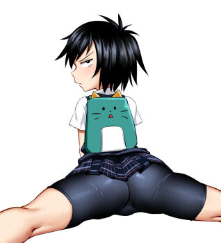 1girl ass backpack bag bike_shorts black_eyes black_hair female_focus from_behind funnyari jitome loli looking_at_viewer looking_back marvel peni_parker plaid_clothes plaid_skirt short_hair shorts shorts_under_skirt simple_background skirt solo spider-man:_into_the_spider-verse spider-man_(series) spider-verse split sweater_vest white_background