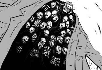 Rule 34 | coat, dark souls (series), dark souls i, disguise, fedora, gravelord nito, greyscale, hat, highres, menaslg, monochrome, no humans, pun, ribs, skeleton, skull, sunglasses, trench coat