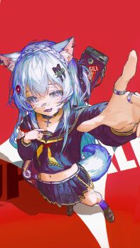 1girl absurdres animal_ear_fluff animal_ear_piercing animal_ears armband bandaid bandaid_on_face bandaid_on_nose black_choker black_serafuku black_skirt blue_eyes blue_hair blue_tail braid brown_shoes choker commentary_request cross cross-shaped_pupils cross_choker crown_braid drawer_bushi_huajia fang fisheye guitar_case hair_ornament hairpin highres instrument_case jewelry long_hair midriff multicolored_hair navel open_mouth original pleated_skirt pointing pointing_at_viewer purple_socks red_armband red_background ring school_uniform serafuku shoes side_ponytail skirt smile socks standing symbol-shaped_pupils tail white_hair wolf_ears wolf_tail