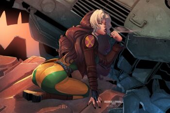 Rule 34 | 1girl, ass, bodysuit, breasts, brown hair, colored bangs, commentary, english commentary, gloves, green bodysuit, green eyes, highres, jacket, large breasts, long hair, marvel, marvel rivals, multicolored bodysuit, multicolored hair, redrollerball12, rogue (x-men), smile, solo, superhero costume, two-tone bodysuit, two-tone hair, white hair, x-men, yellow bodysuit