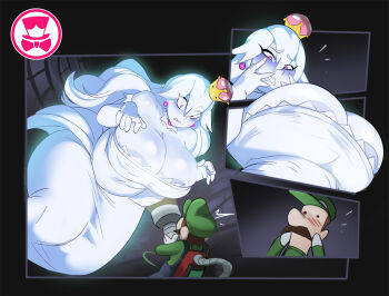 Rule 34 | areola slip, blush, breasts, crown, dress, earrings, elbow gloves, facial hair, ghost, ghost girl, gloves, huge breasts, jewelry, long hair, luigi, luigi's mansion, mario (series), mustache, nintendo, pink eyes, princess king boo, schpicy, thighs, white dress, white hair