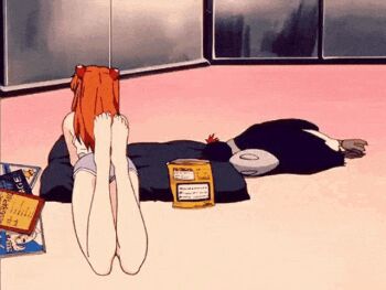 1990s_(style) 1girl animated animated_gif ass bird chips_(food) eating feet_up food interface_headset_(evangelion) looping_animation lounging lying magazine_(object) neon_genesis_evangelion official_alternate_costume on_stomach orange_hair penguin penpen pillow potato_chips retro_artstyle rug shirt shorts souryuu_asuka_langley twintails