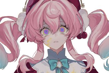 1girl @_@ alternate_eye_color aqua_hair aquila_(honkai:_star_rail) beret blood_on_cheek close-up commentary dress drill_hair gradient_hair hair_between_eyes hat highres honkai:_star_rail honkai_(series) hyacine_(honkai:_star_rail) long_hair looking_at_viewer multicolored_eyes multicolored_hair open_mouth pink_hair red_dress red_hat simple_background solo twin_drills twintails two-tone_hair upper_body white_background yellow_blood zv0301