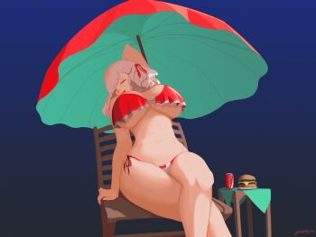 1girl absurdres arm_behind_head arm_up beach_umbrella bikini blue_background blue_umbrella bow breasts cleavage crossed_legs food girls&#039;_frontline girls&#039;_frontline_2:_exilium grey_hair hair_bow highres huge_breasts large_breasts multicolored_bikini multicolored_umbrella navel nishibuya official_alternate_costume red_bikini red_umbrella sabrina_(girls&#039;_frontline_2) sabrina_(strawberry_zabaione)_(girls&#039;_frontline_2) side-tie_bikini_bottom sitting solo spas-12_(girls&#039;_frontline) swimsuit umbrella white_bikini