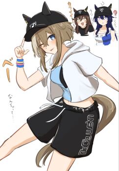 Rule 34 | animal ears, blue eyes, blush, breasts, brown hair, cheval grand (umamusume), commentary request, disfiro03, ear covers, ears through headwear, hair between eyes, hat, hat belt, highres, horse ears, horse girl, horse tail, long hair, looking at viewer, multicolored hair, multiple girls, navel, open mouth, peaked cap, simple background, single ear cover, smile, streaked hair, tail, umamusume, v sisters, verxina (umamusume), vivlos (umamusume), white hair, white hat