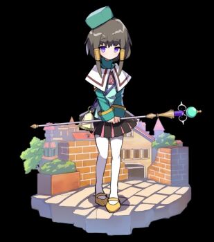 bell black_background black_skirt brick_wall brown_hair building cape closed_mouth detached_sleeves expressionless fiiria_(merc_storia) flat_chest full_body green_hat green_shirt hat holding holding_staff house mary_janes merc_storia merc_storia_art_team miniskirt official_art pantyhose pleated_skirt purple_eyes shirt shoes simple_background skirt solo staff standing stone_floor tachi-e tree turtleneck white_cape white_pantyhose yellow_shoes