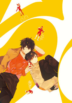 Rule 34 | 2boys, absurdres, action figure, black hair, black pants, fang, fang out, green eyes, highres, jacket, jacket on shoulders, kagome shoutarou, kozuka akira, kurosawa (adelta), long sleeves, looking at another, male focus, multiple boys, official art, orange eyes, pants, shirt, sweater, uuultra c, yaoi, yellow background