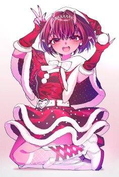 Rule 34 | 1girl, absurdres, alternate costume, antennae, arm warmers, belt, blue nails, blush, boots, bow, breasts, capelet, christmas, colored skin, commentary request, dress, earrings, fangs, fingernails, fishnet socks, fishnets, fur-trimmed capelet, fur-trimmed dress, fur trim, gradient background, hair between eyes, hat, highres, jewelry, knee boots, kneeling, kujo chiharu, long fingernails, looking at viewer, milky subway, open mouth, pink skin, pointy ears, pom pom (clothes), red capelet, red dress, red eyes, red hair, santa costume, santa hat, simple background, sitting, small breasts, socks, solo, su5ooo, tiara, white boots, white bow, white socks