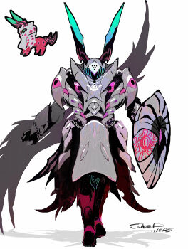 absurdres armor commentary_request dated gen_5_pokemon highres horns knight mega_scolipede nintendo personification pokemon pokemon_(creature) reference_inset scolipede shadow shield signature sukepmonster